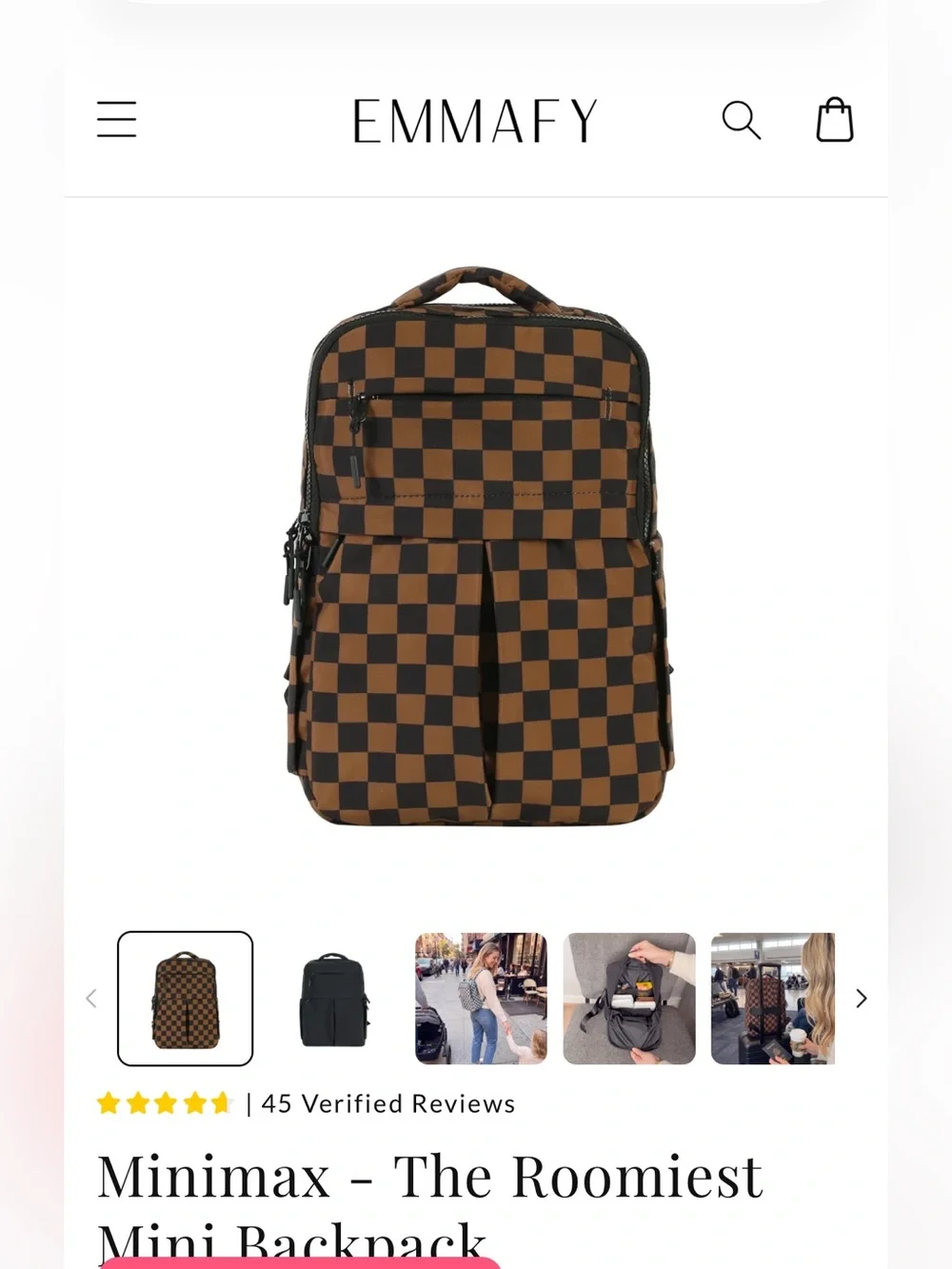 Emmafy Minimax Backpack - NWOT - Black/Brown Check